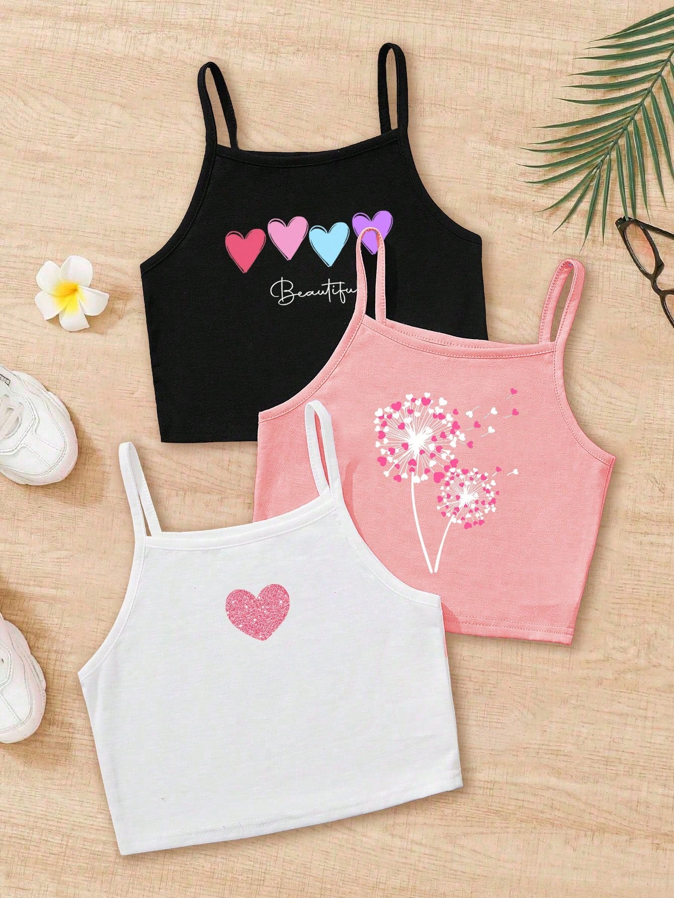 Young Girl Cute Rainbow & Floral Print Cartoon Tank Tops 3-Piece Set (Black, White And Purple), Casual And Simple, Suitable For Summer