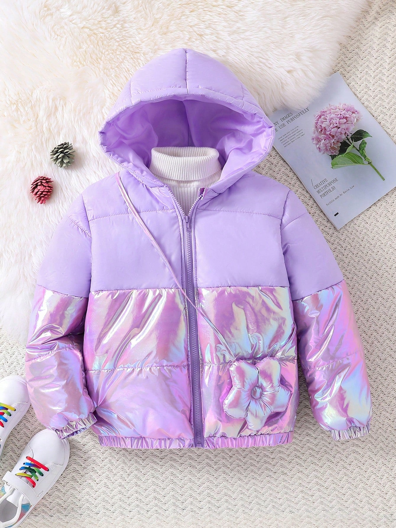 Tween Girl Hooded Padded Coat With Sparkling Laser Fabric And Bag Design