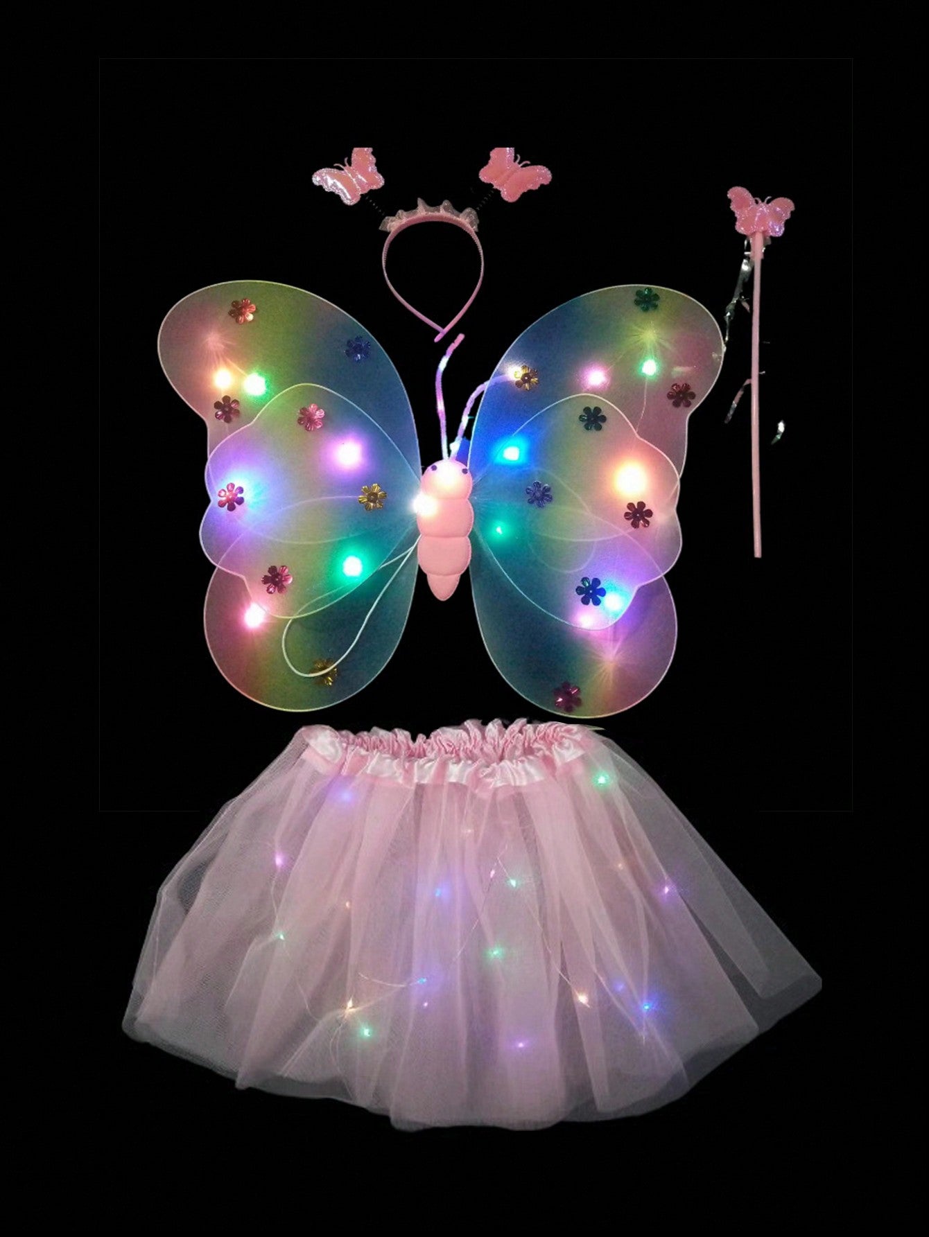 4PCS/Set Glowing Butterfly Wings, Little Girl Back Decorated Children's Flash Toys, Wonderful Fairy Magic Stick Flower Fairy Set Of Four, Including Hairpins, Fairy Stick, Wings, Dress