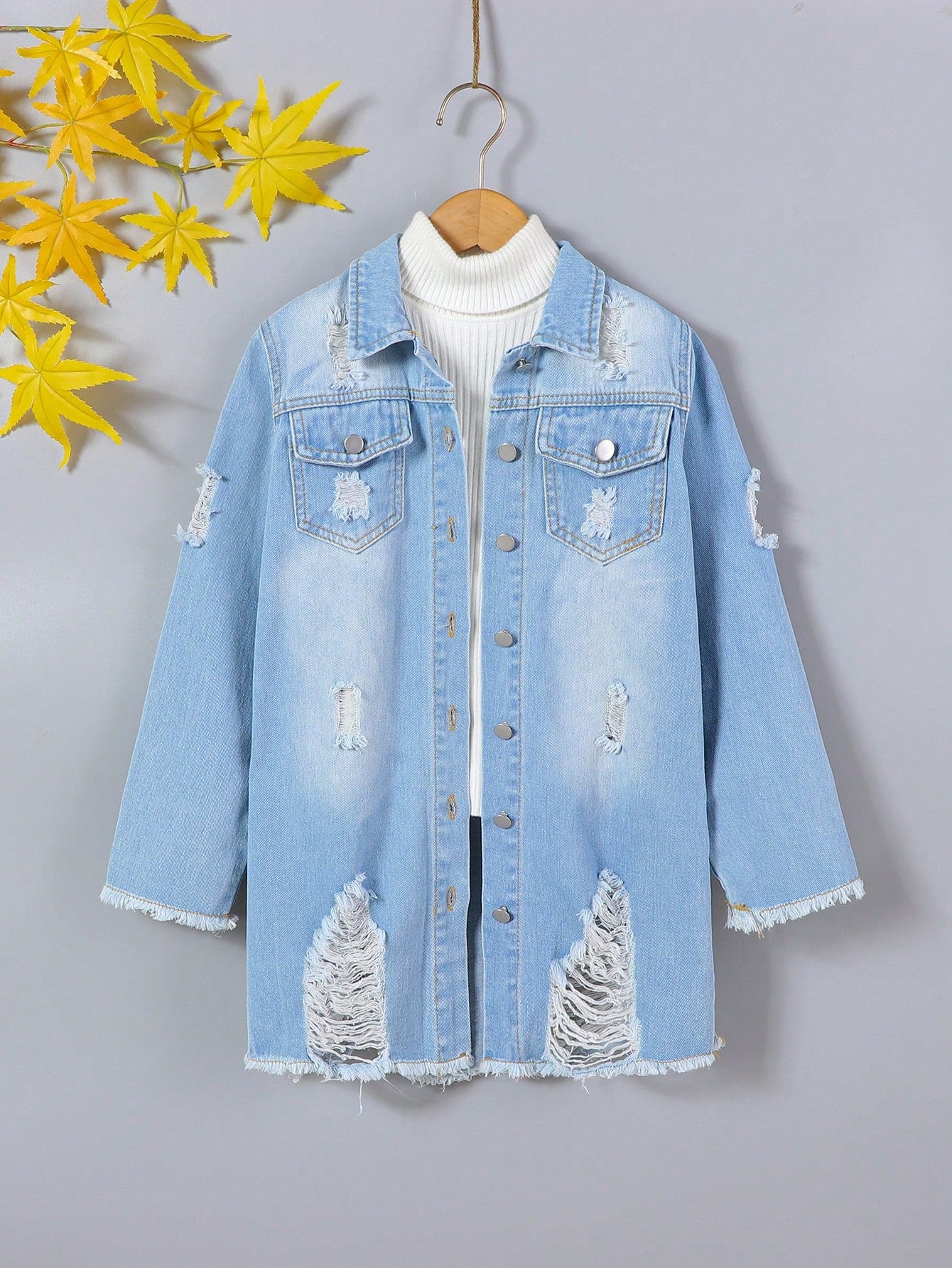 Tween Girl Ripped Raw Hem Denim Jacket Without Tee