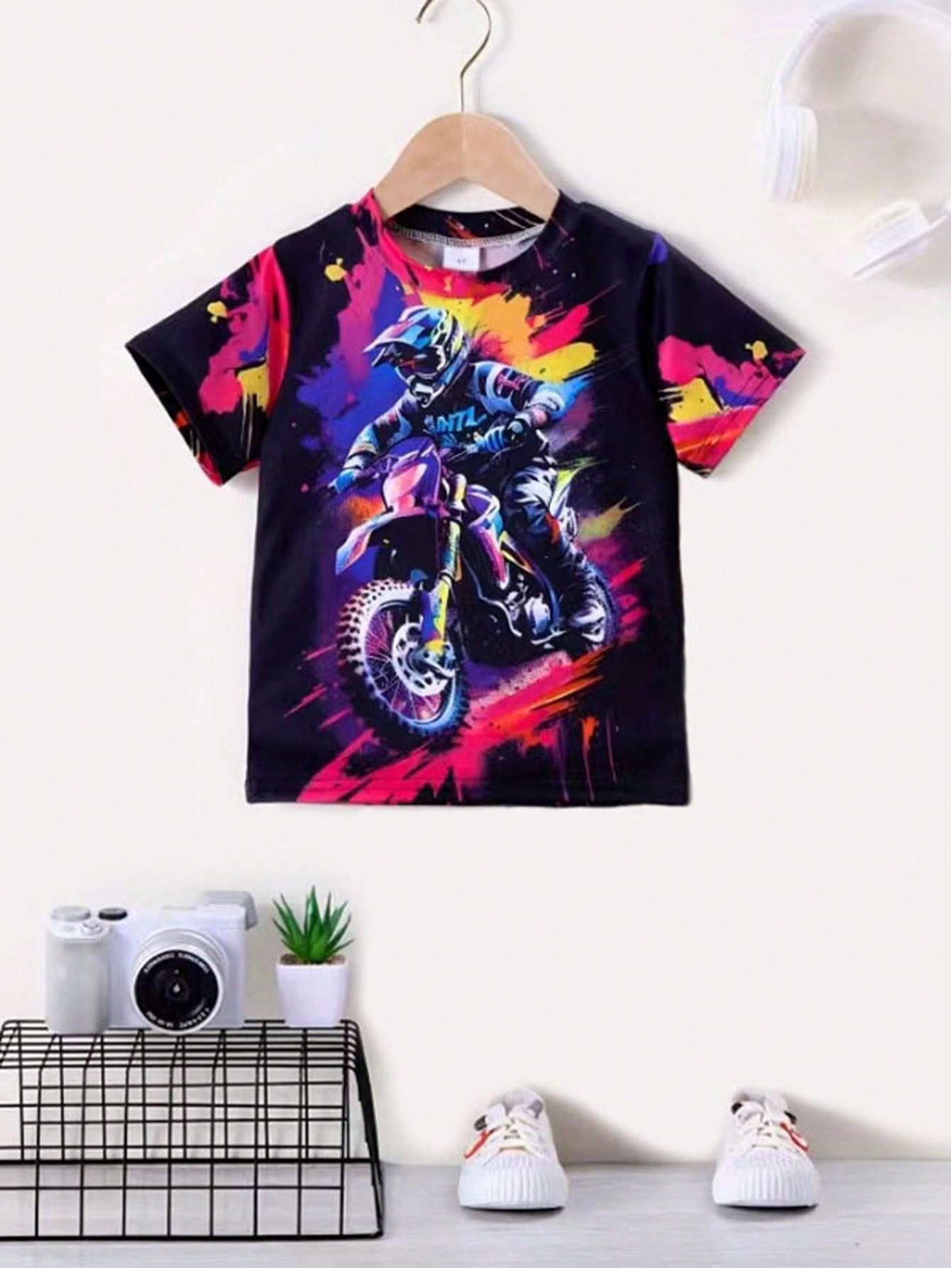 1pc Young Boy Casual Motorcycle Tie Dye Short Sleeve Lightweight Knit T-Shirt For Summer