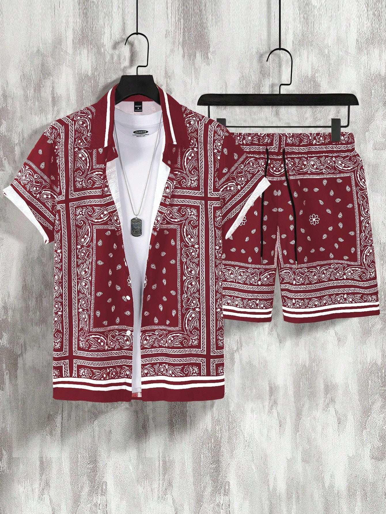 Men Paisley Print Short Sleeve Shirt And Shorts Set, Suitable For Summer