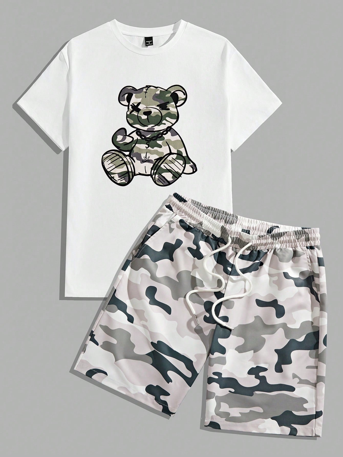 Men's Camouflage Bear Printed Short Sleeve Anime T-Shirt And Shorts Set