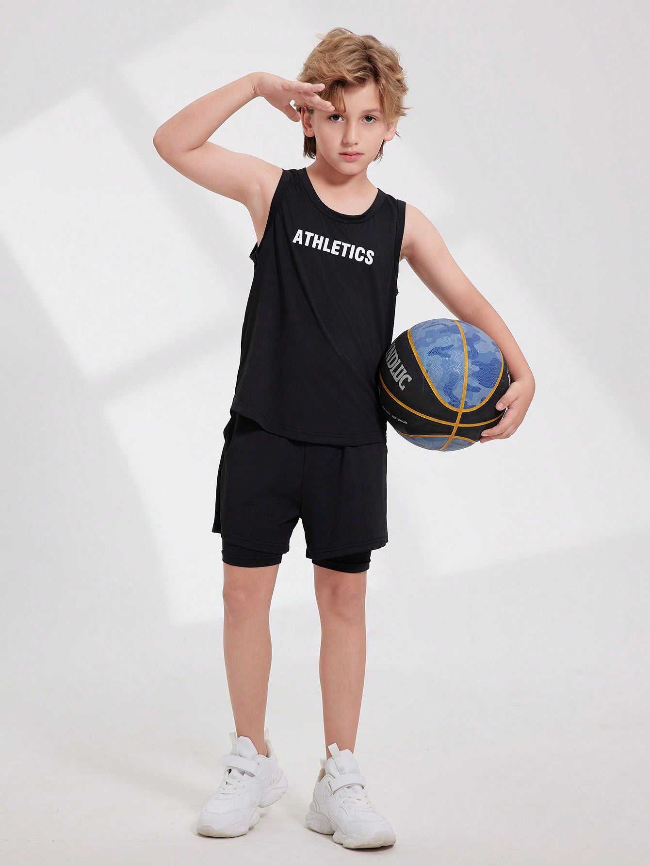 Teen Boys' Black Sleeveless Vest And Shorts Set, Outdoor Loose Running Gym Wear Black Set