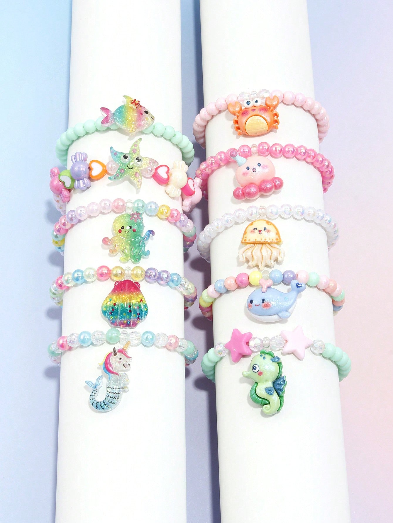 10pcs/Set Girls' Rainbow Heart Charm Beaded Bracelets, Suitable For Birthday Party Favor & Festival Gift, Colors Random