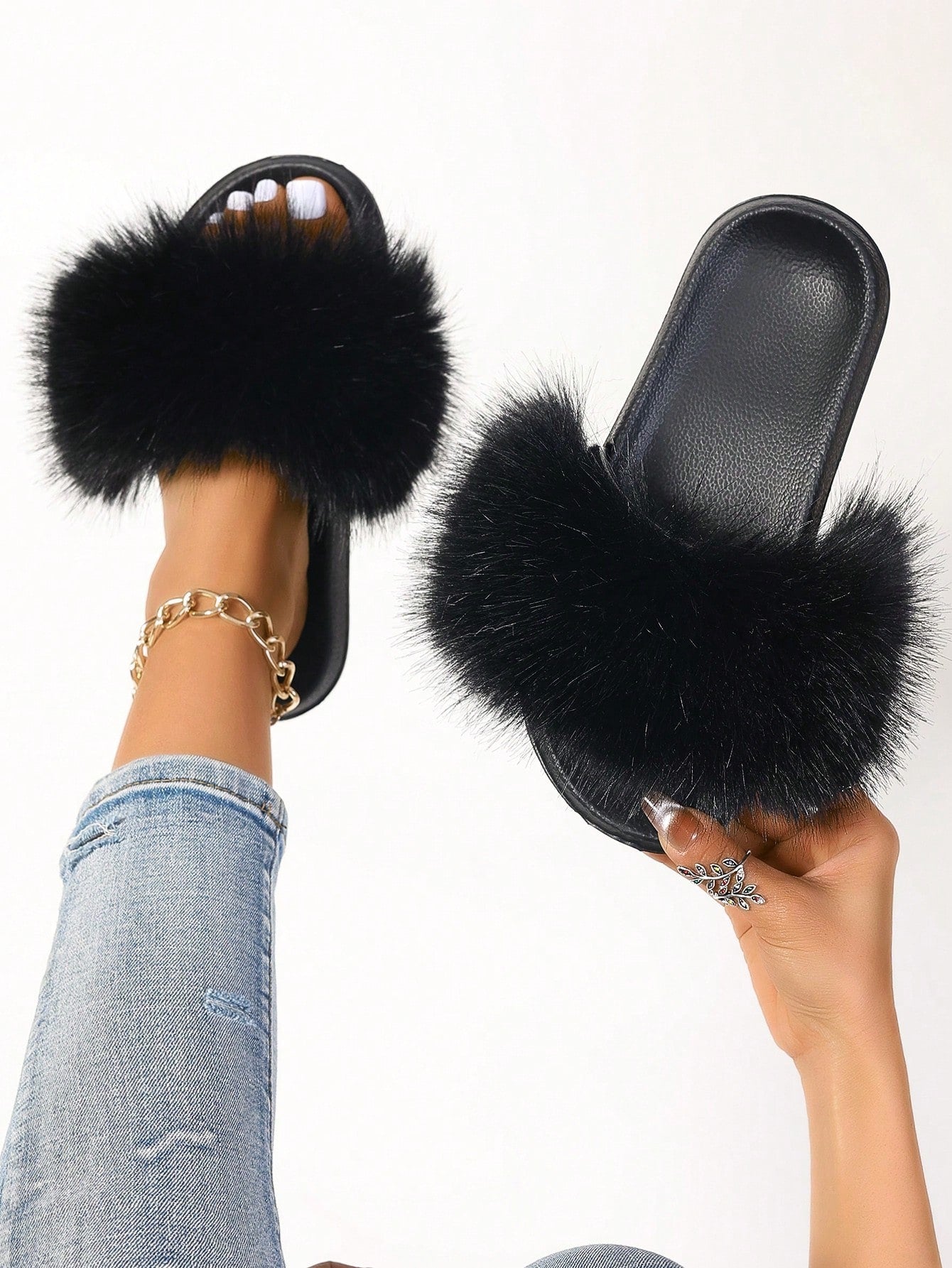 Women Summer Faux Fur Resistant Fluffy Outdoor Flat Sandals Casual Office Home Slippers