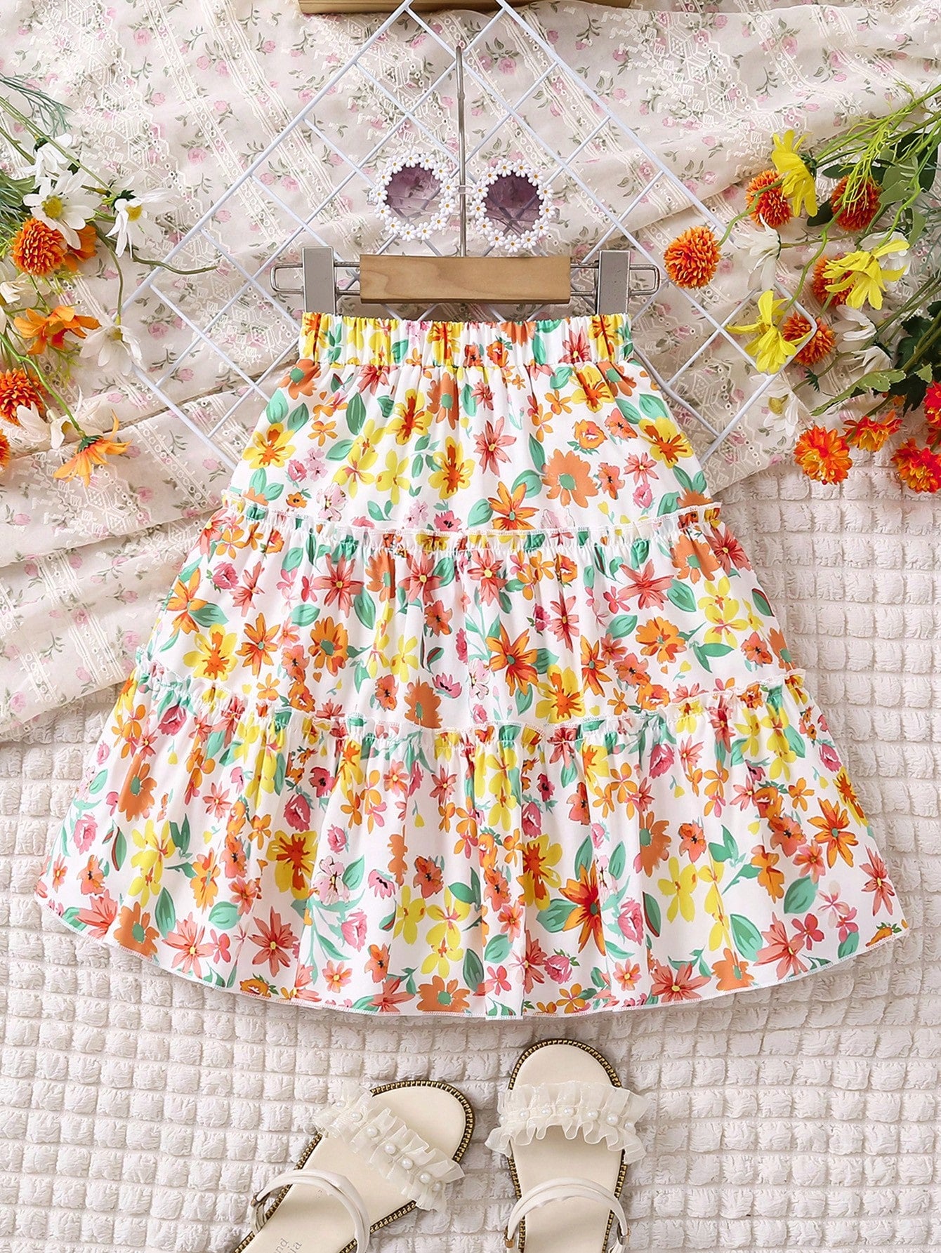 Young Girls Floral Print Holiday Skirt