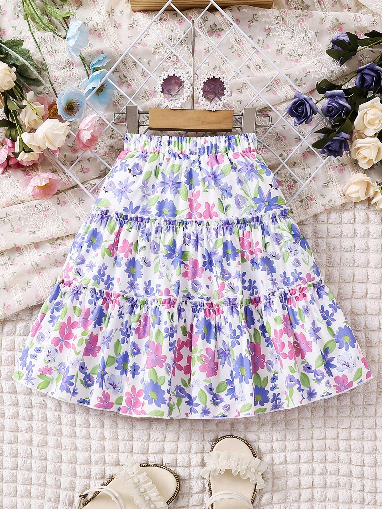 Young Girl's Elastic Waist Floral Printed Asymmetrical Skirt With Ruffled Hem