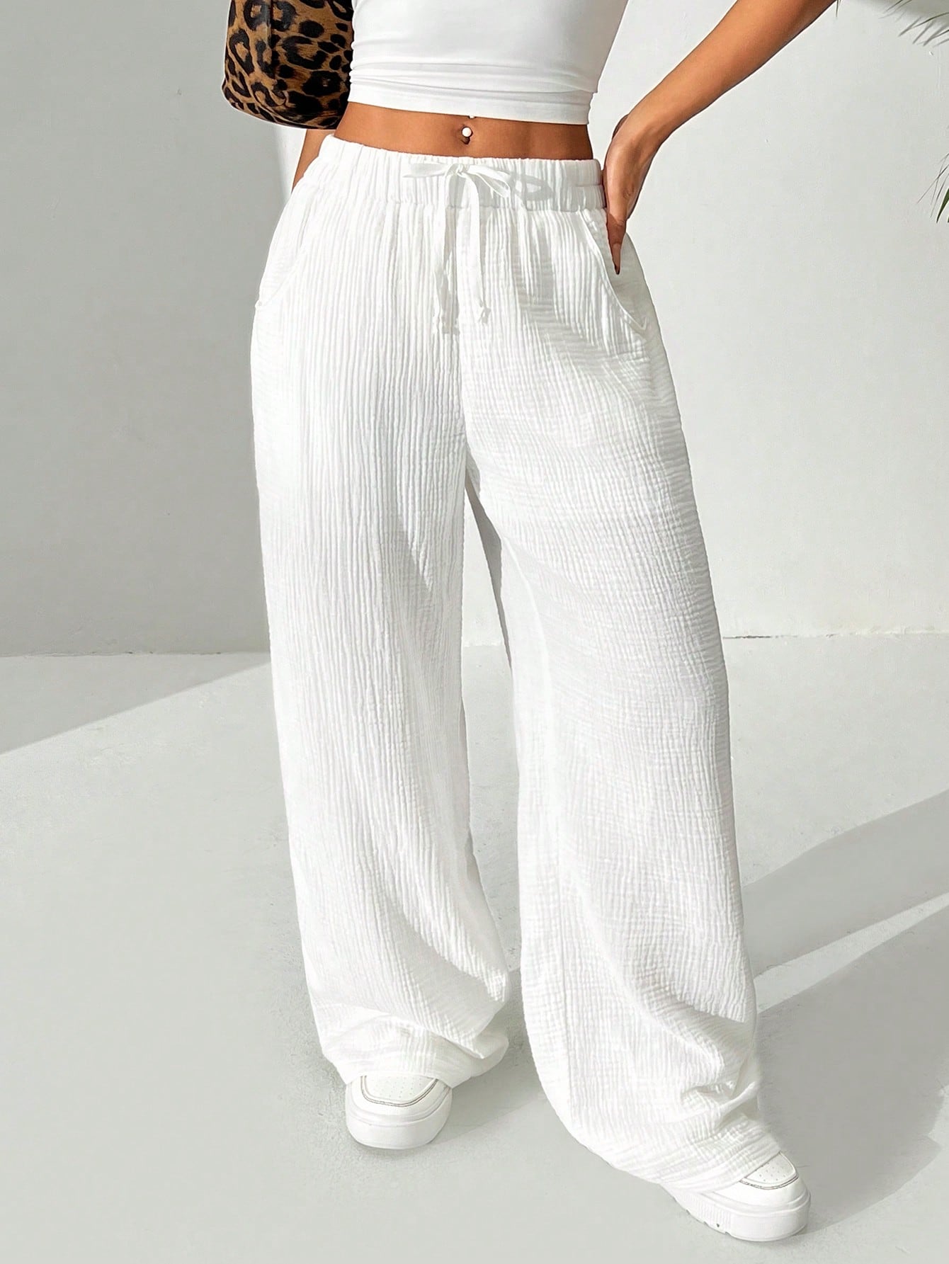 Cotton Loose Straight Drawstring Waist Slant Pocket Pants