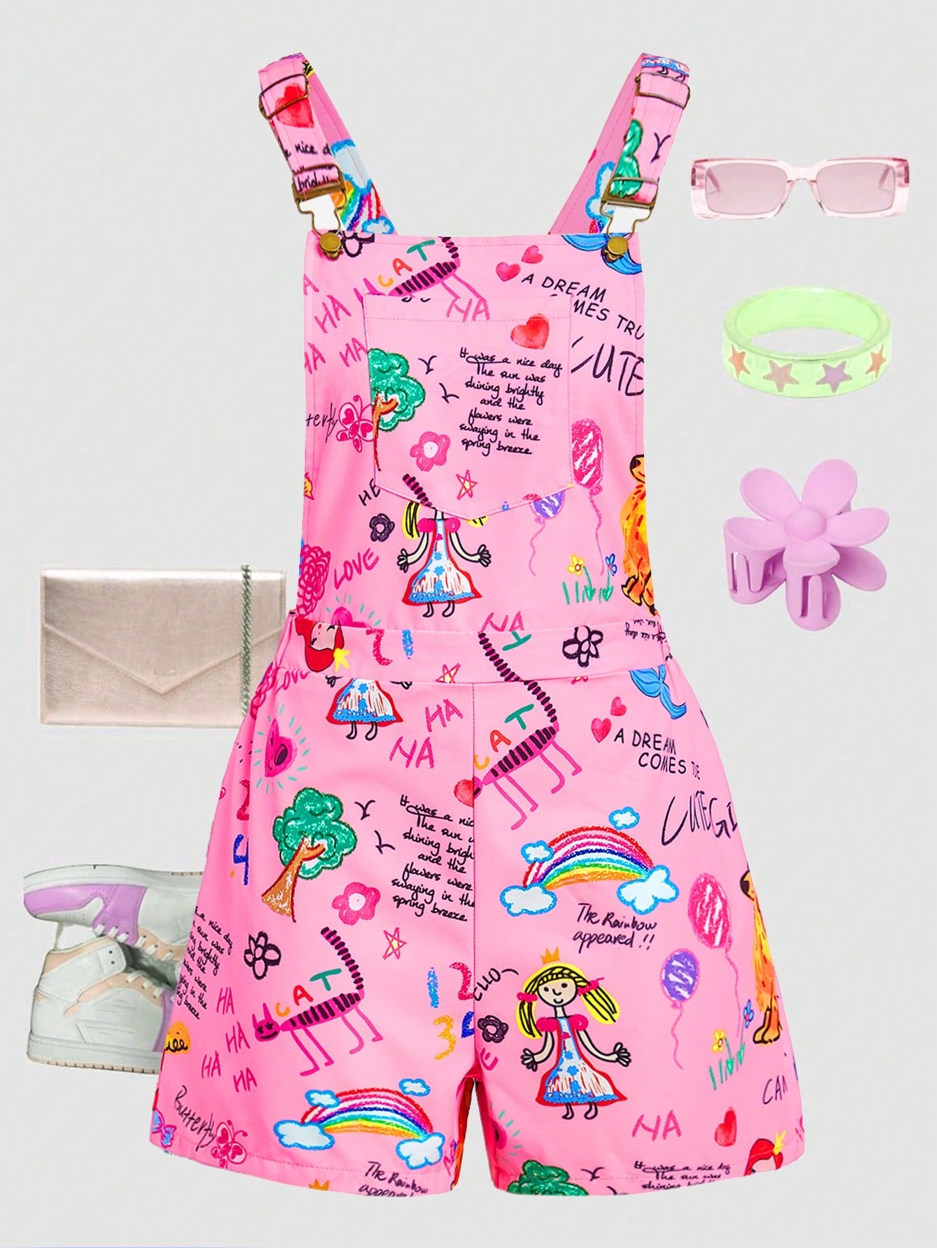 Streecool Kids Teen Girl Cute Cartoon Printed Wide Strap Summer Jumpsuit