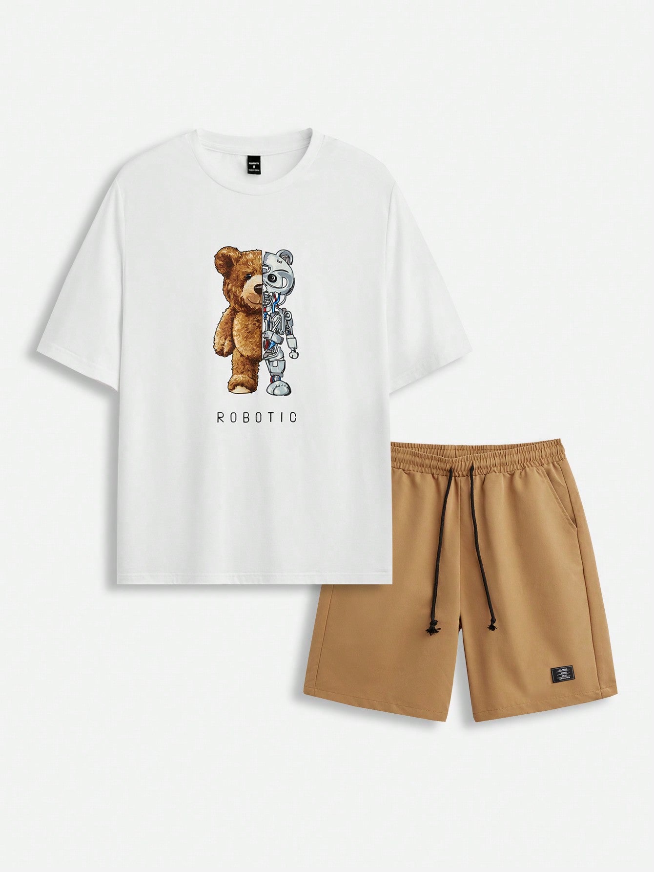 Men's Knitted Short Sleeve Bear & Letter Printed T-Shirt And Woven Shorts 2pcs/Set