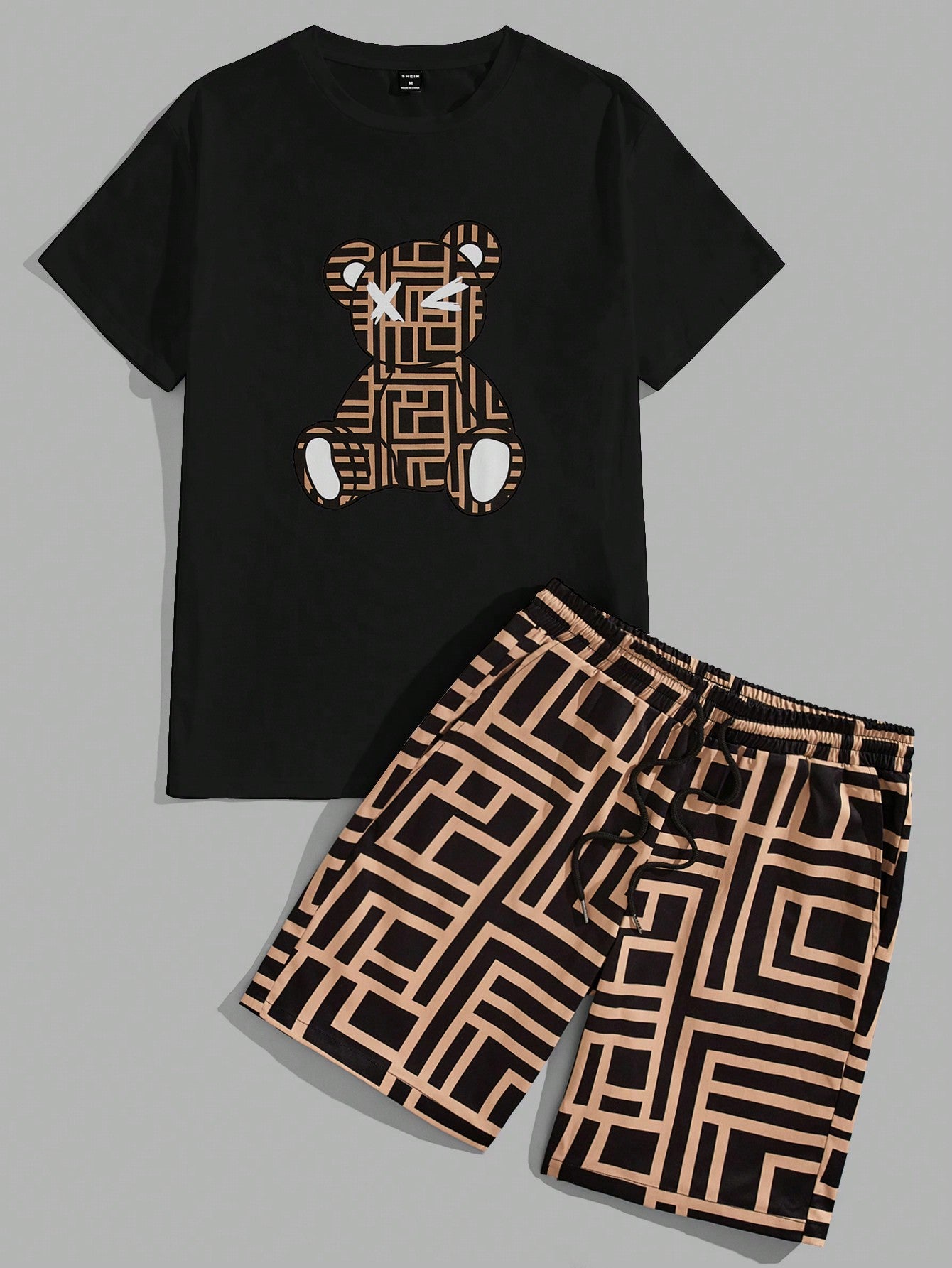 Men's Bear Printed Short Sleeve T-Shirt And Shorts Set For Summer