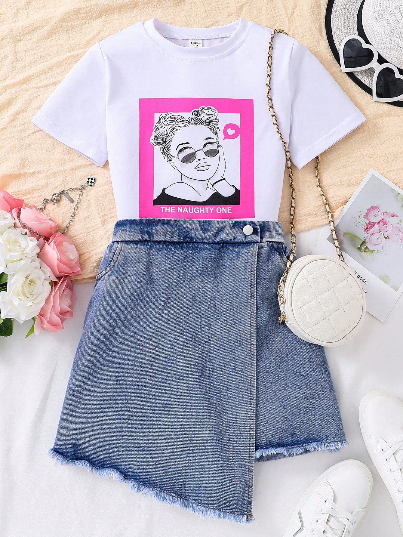 Tween Girl Character & Letter Printed Short Sleeve T-Shirt And Irregular Hem Denim Skort 2pcs/Set