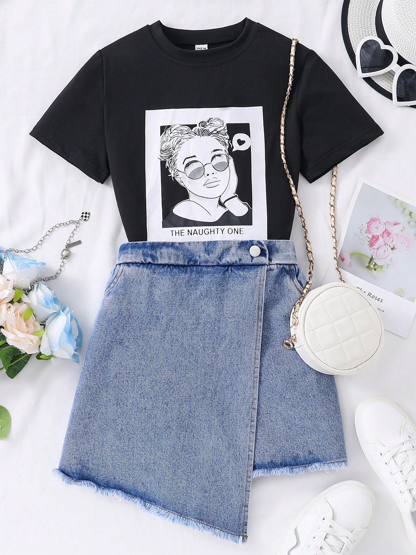 Tween Girl Character & Letter Printed Short Sleeve T-Shirt And Irregular Hem Denim Skort 2pcs/Set