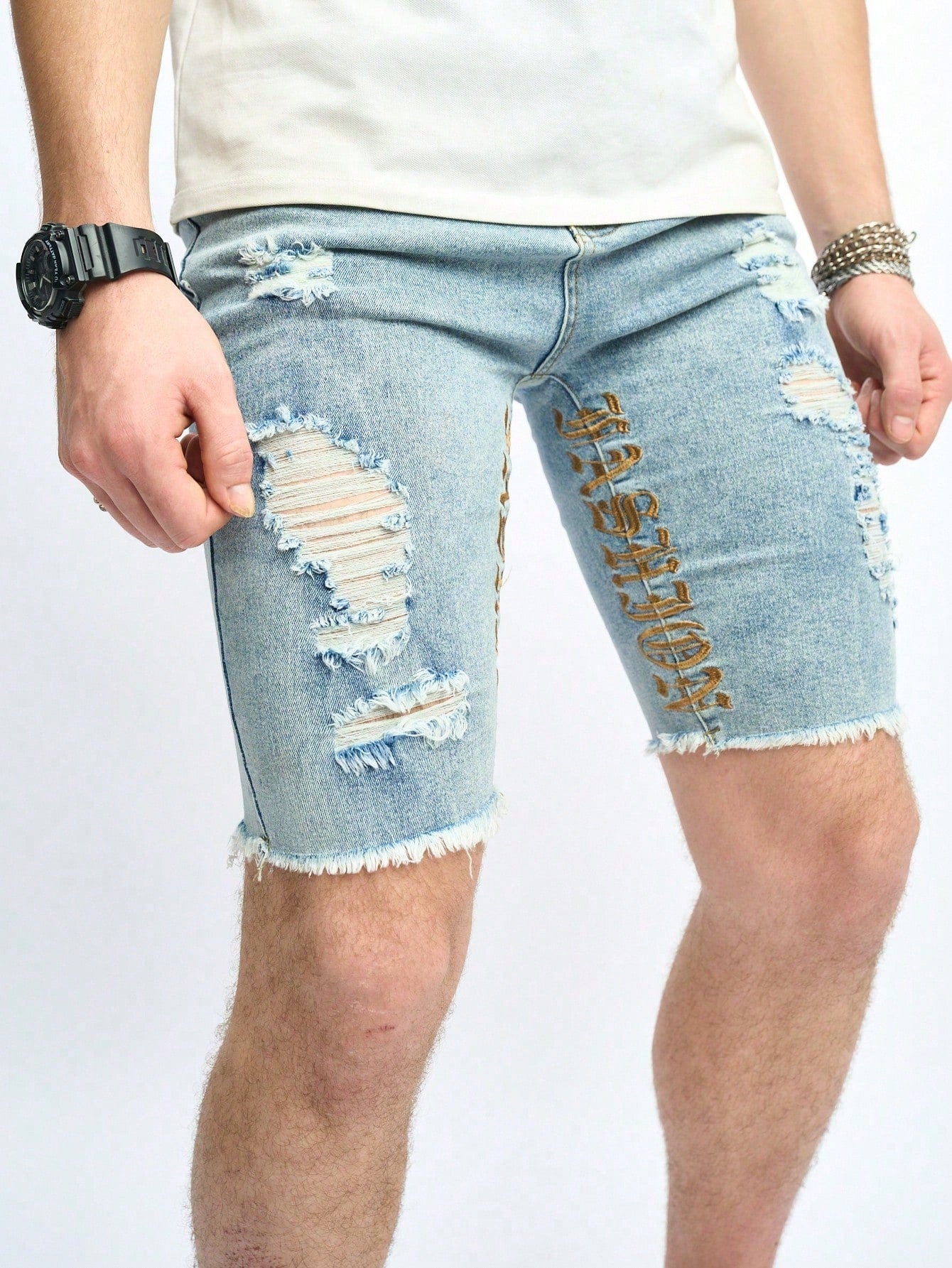 Teenage Boys' Casual Personality Fashion Distressed Frayed Edge Stretch Denim Shorts