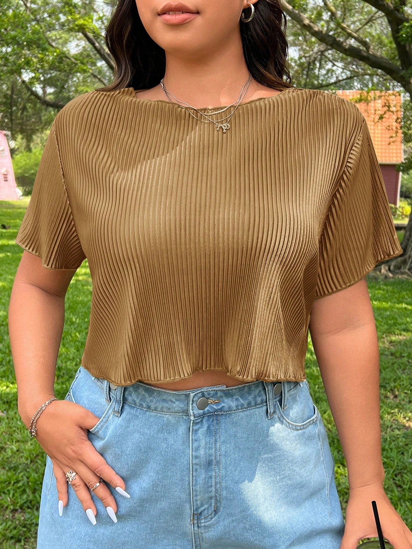 Plus Size Summer Casual Solid Color Pleated Cropped T-Shirt