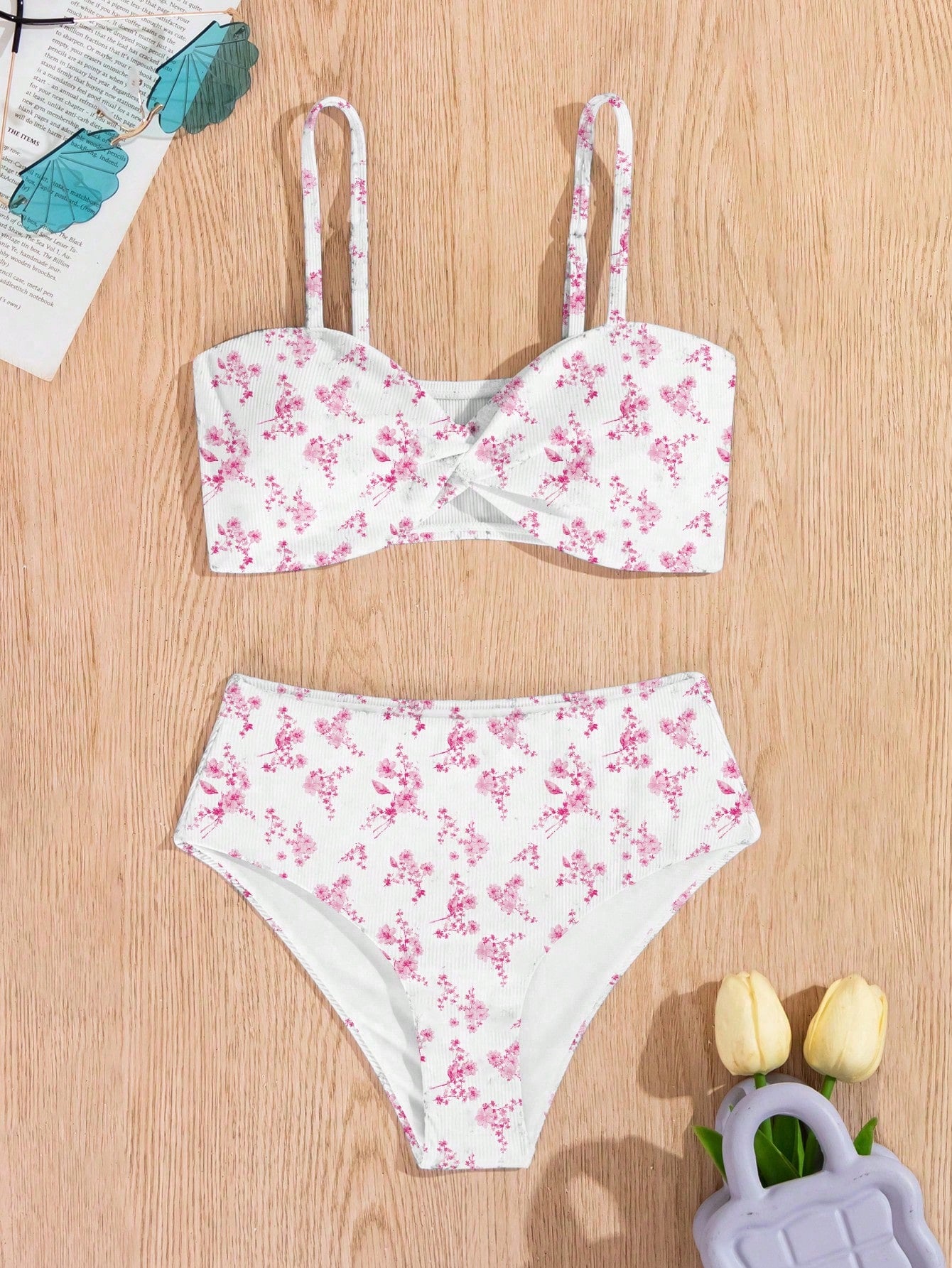 Tween Girl Floral Bowknot Bikini Set, 2pcs Clean And Well-Fit Bikini Set For Summer Beach Vacation