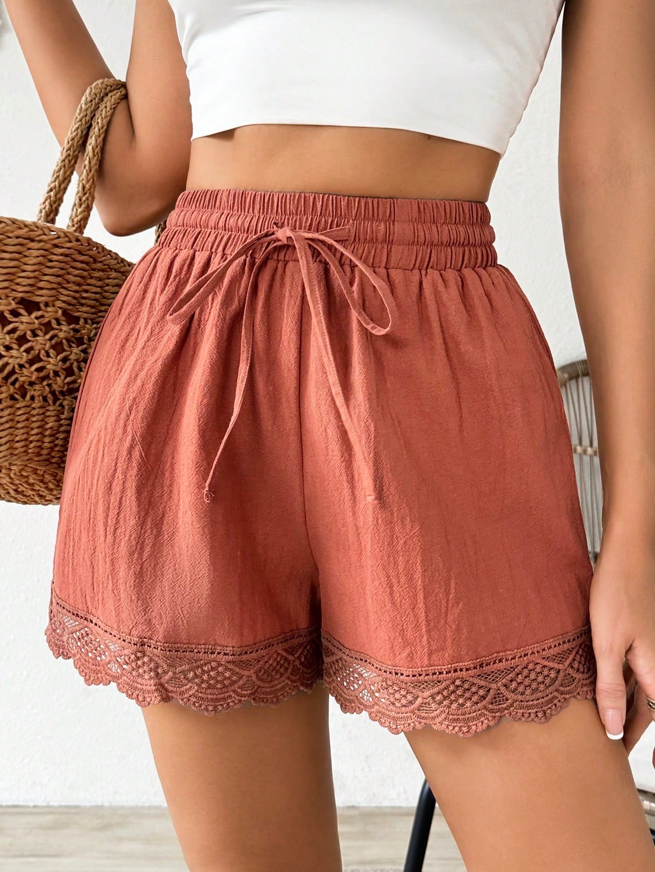 Feminine Lace Patchwork Drawstring Waist Shorts For Women