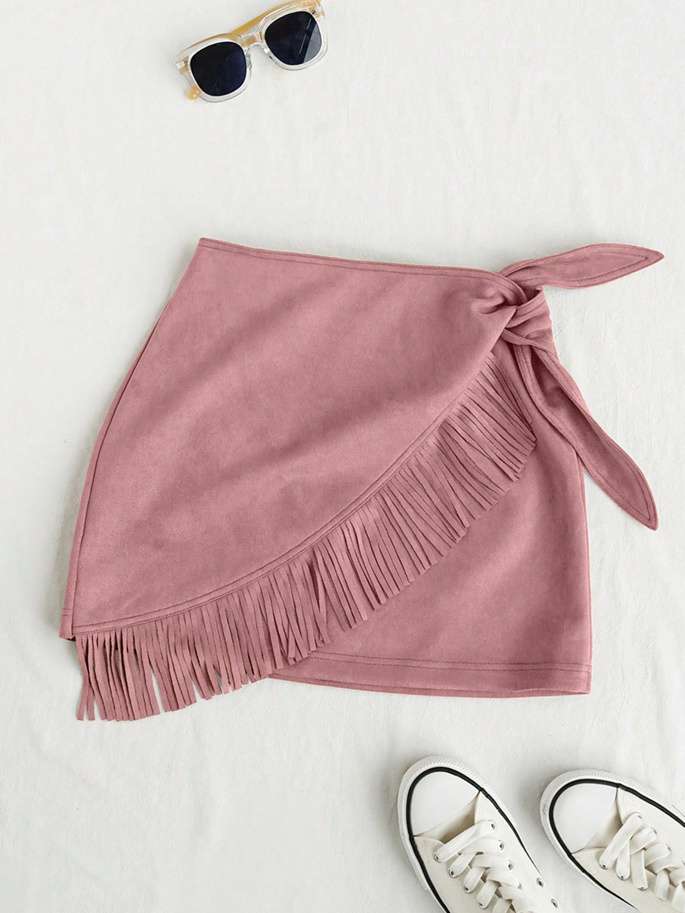 Vacation High Waisted Faux Suede Fringe Decorated Tie Skirt