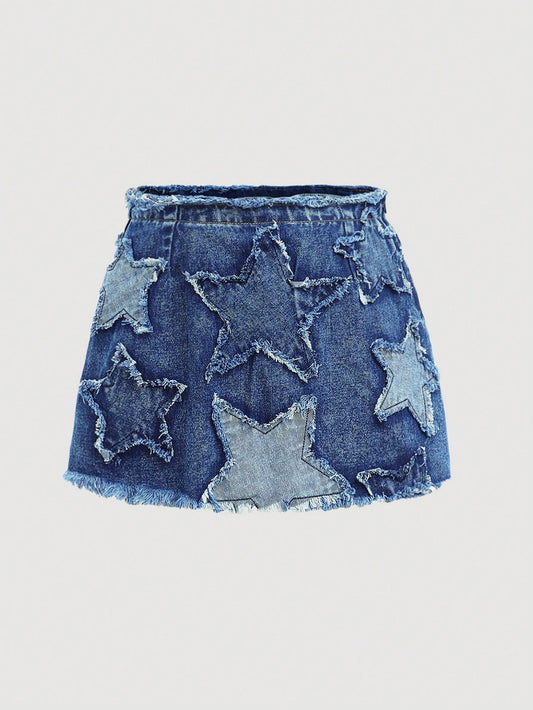 Teen Girls' Y2K Trendy Denim A-Line Skirt With Star Patched Faded Frayed And Frayed Hem,Kids Summer Clothes Outfits