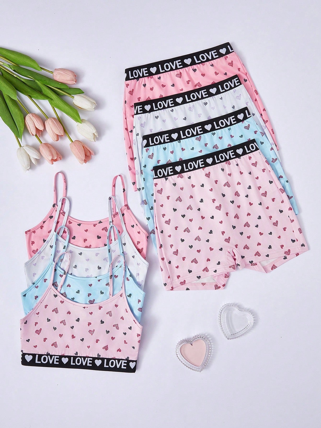 Set Of 8 Heart Print Elastic Waist Underwear For Tween Girls