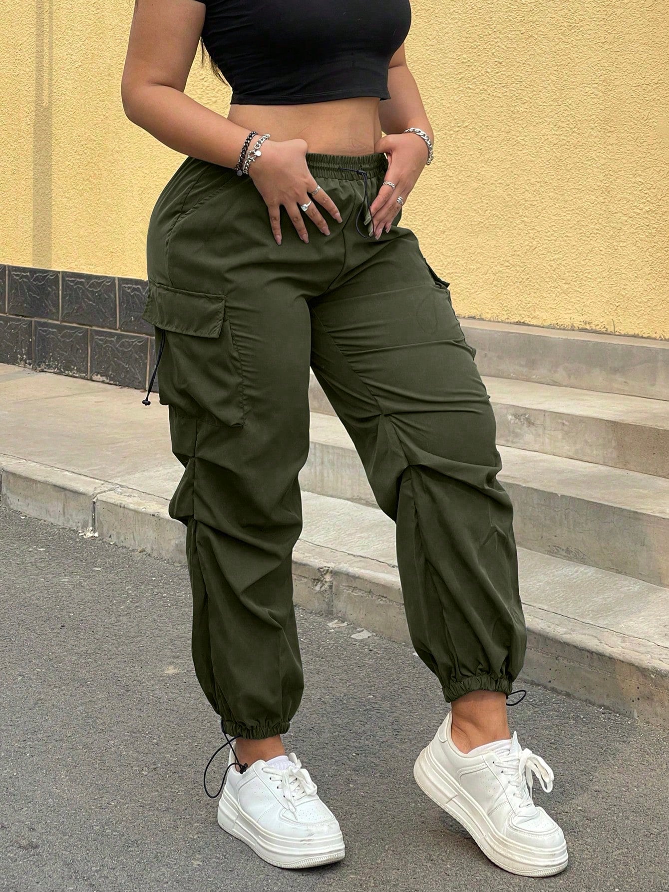 Plus Size Casual Solid Color Multi-Pocket Drawstring Cargo Pants