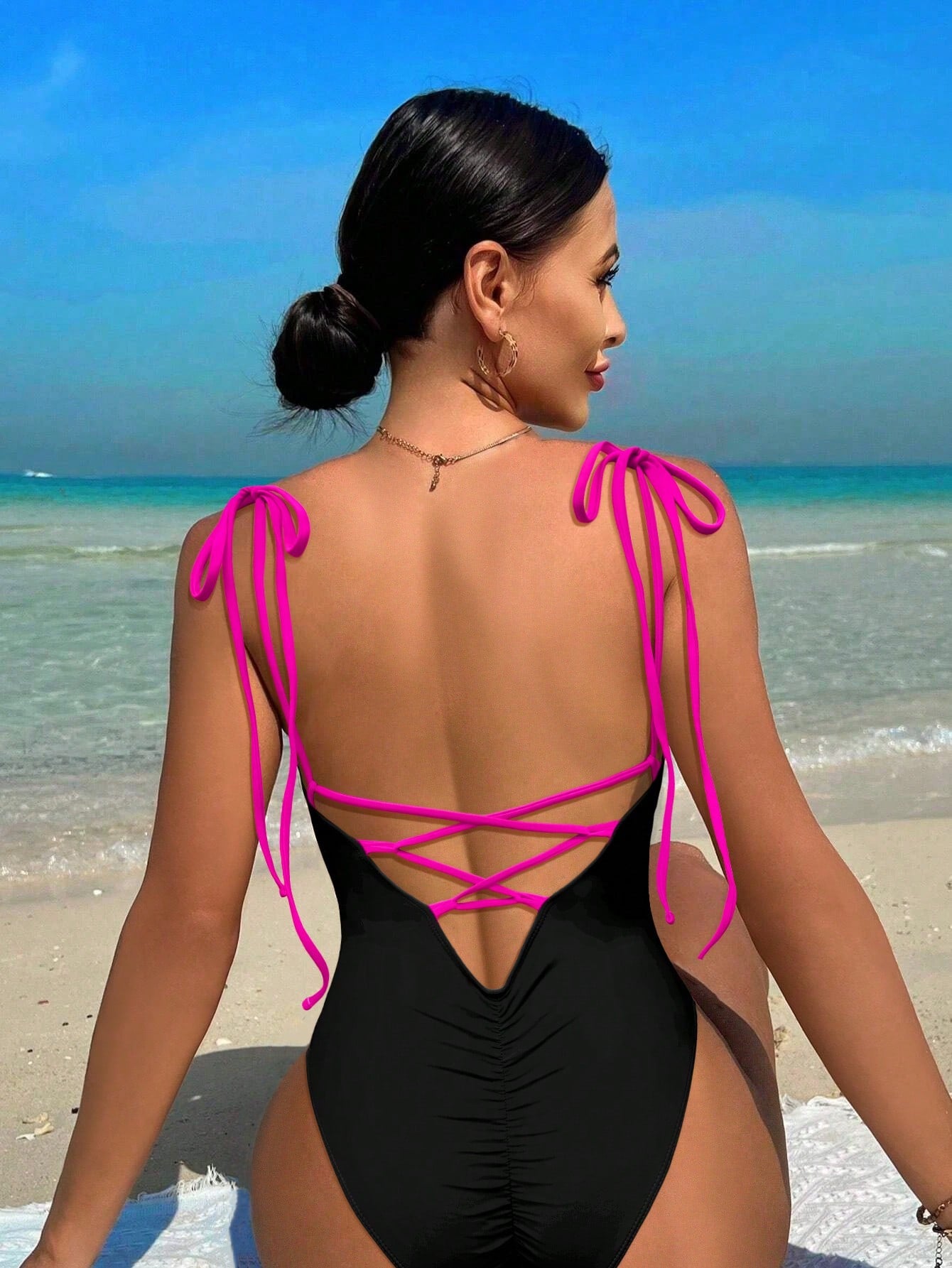 Swim Summer Beach Women's Solid Color Backless One-Piece Swimsuit