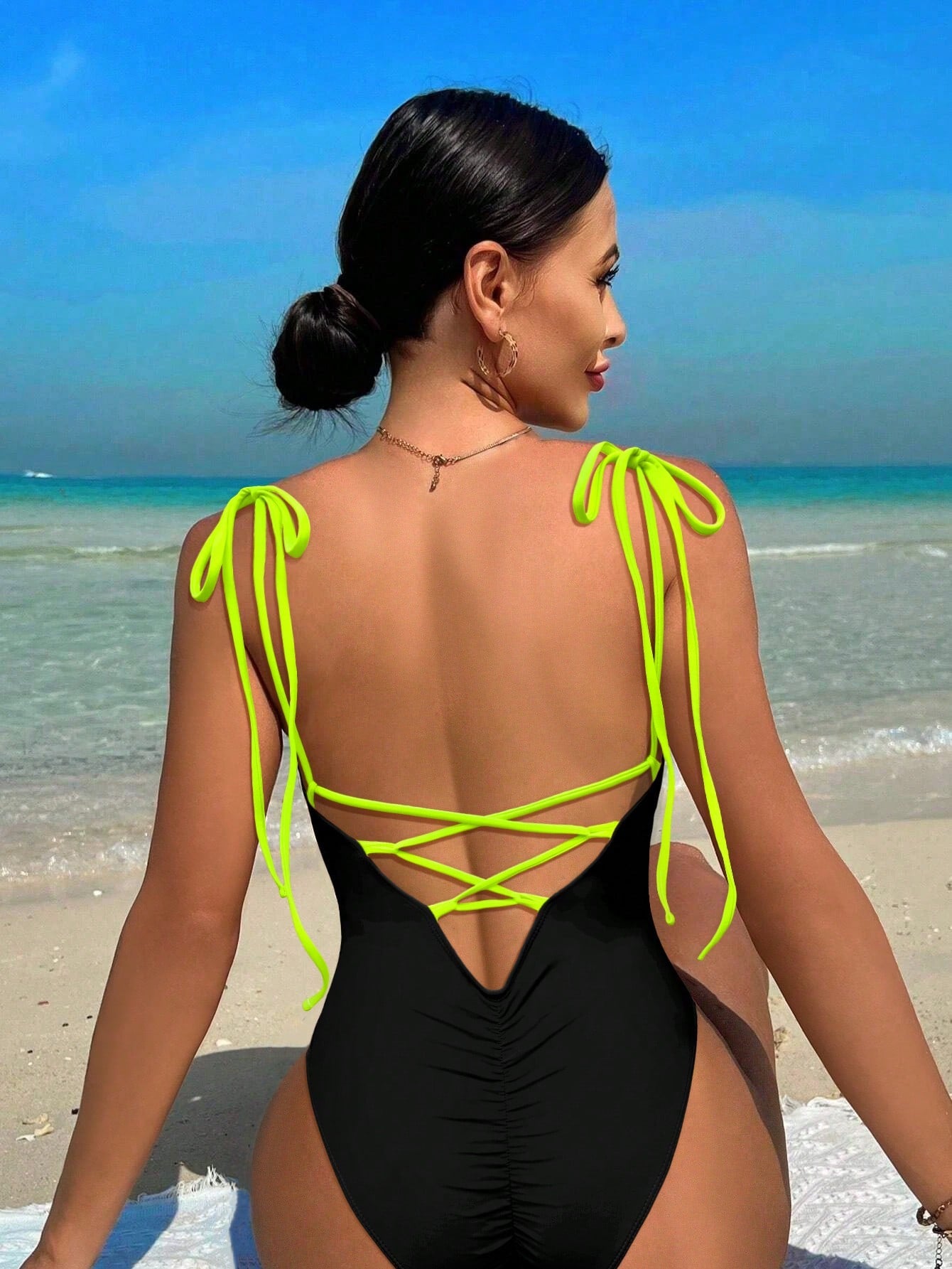 Swim Summer Beach Women's Solid Color Backless One-Piece Swimsuit