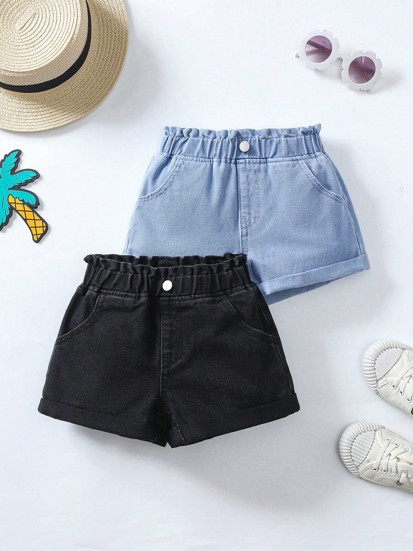 2pcs Young Girl Black And Blue Denim Shorts Set