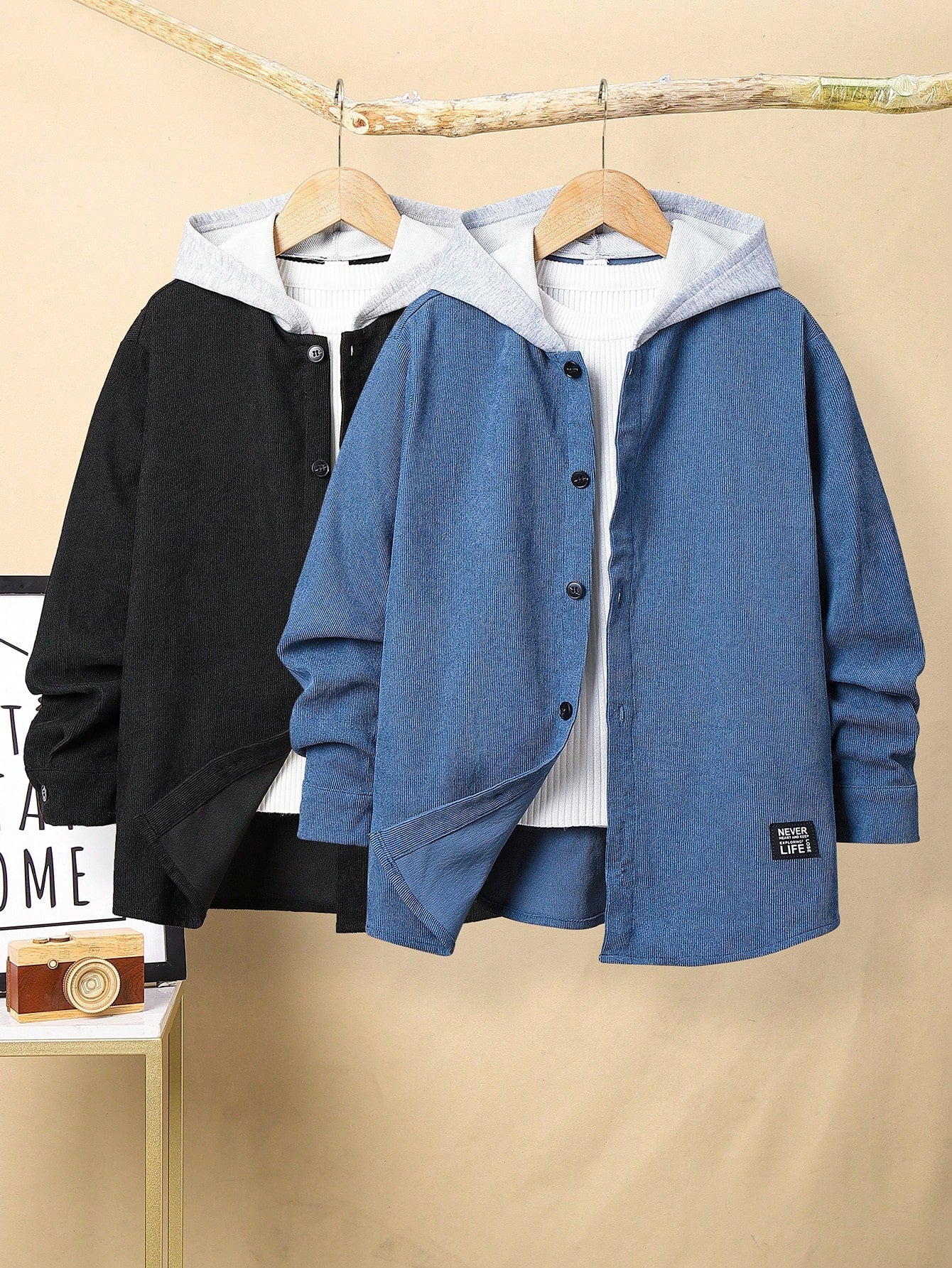 2pcs Tween Boys' All-Match Solid Color Hooded Jacket Set