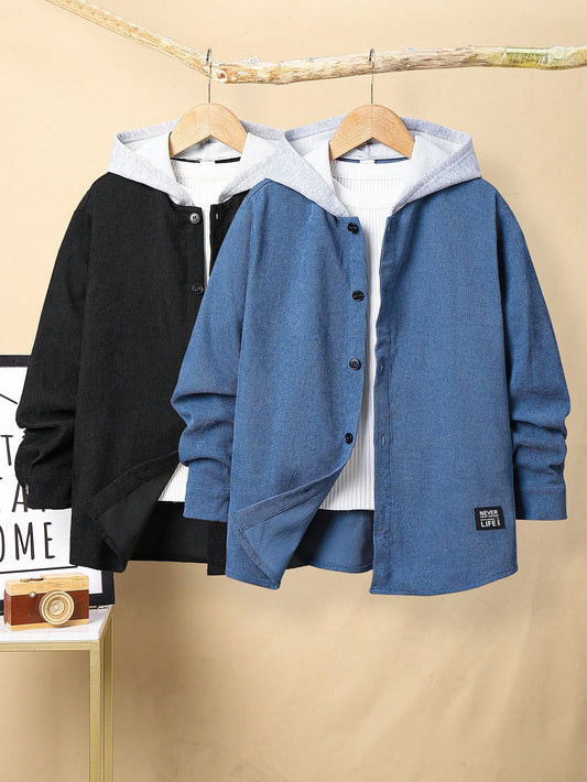 2pcs Tween Boys' All-Match Solid Color Hooded Jacket Set