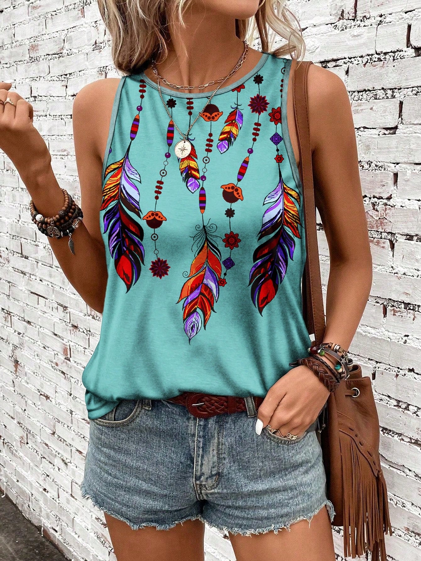 Women's Vacation Casual Feather Printed Jumpsuit