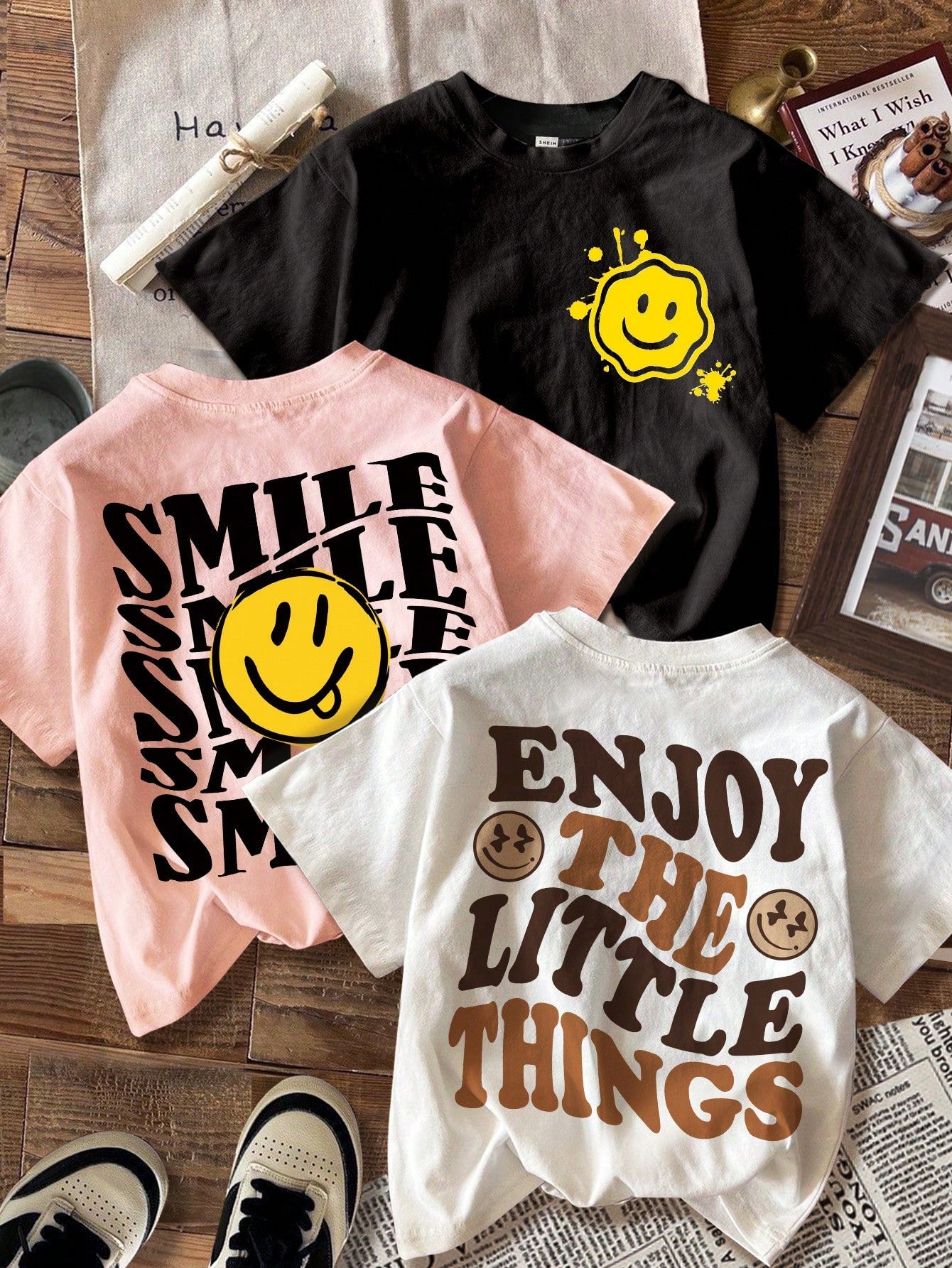 3pcs/Set Tween Girls Casual Funny Smiling Face & "ENJOY THE LITTLE THINGS" Letter Print Short Sleeve Crew Neck T-Shirts, White + Black + Pink, Comfortable Summer Tops