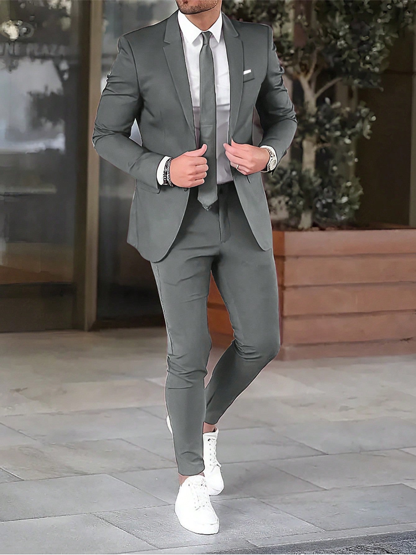 Men's Solid Color Single Button Long Sleeve Suit Jacket And Pants Suit Set