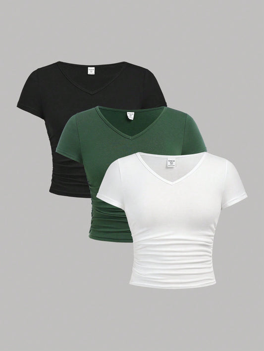 Teen Girl's Knitted Solid Color V-Neck Short Sleeve T-Shirt With Pleats, Set Of 3 For Casual Wear