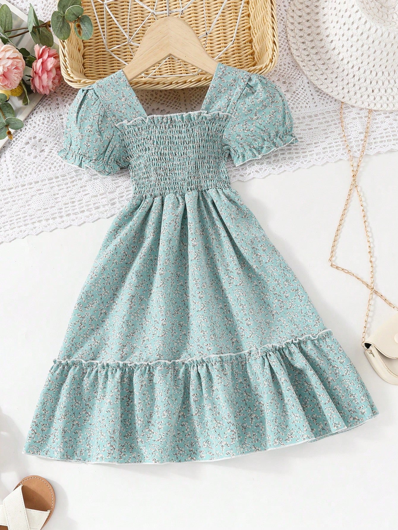 Young Girl European And American Summer Casual Floral Dress, Suitable For Outings, Vacations, And Party Dress.