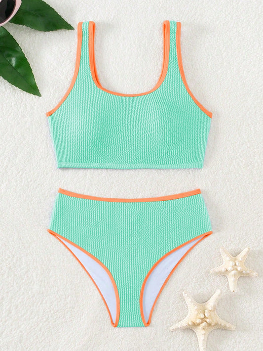 Tween Girl Color Block Bikini Set With Edging And Ripple Textured Pattern