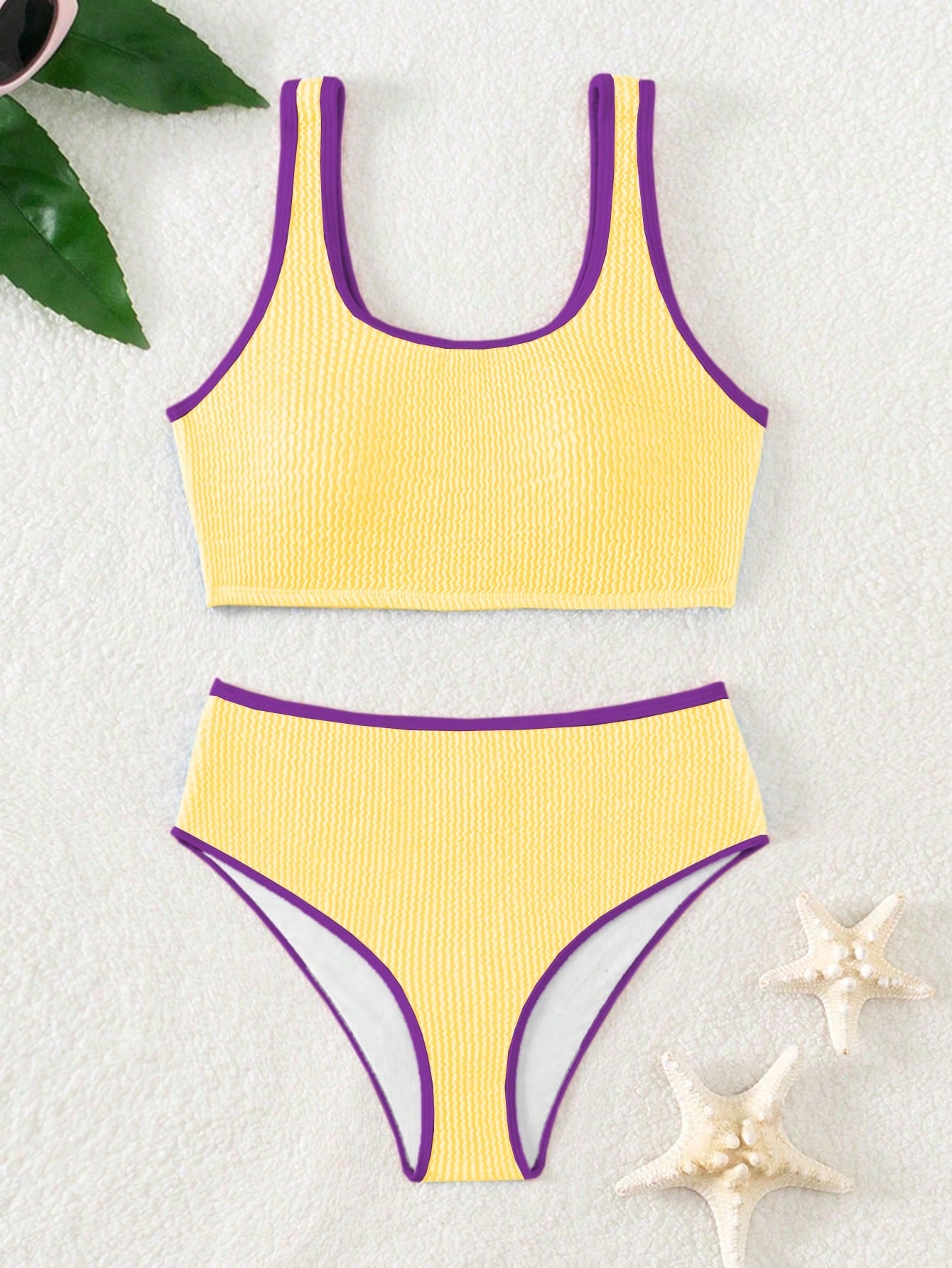 Tween Girl Color Block Bikini Set With Edging And Ripple Textured Pattern