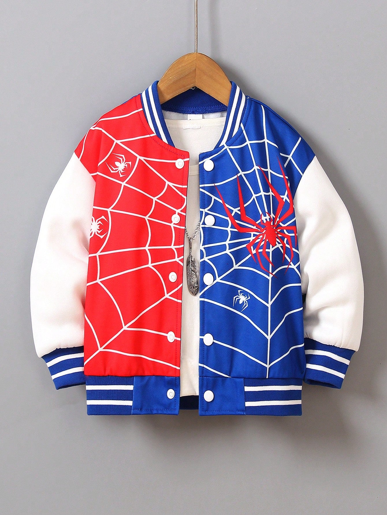 Young Boy Spider Web Print Striped Trim Varsity Jacket Without Tee