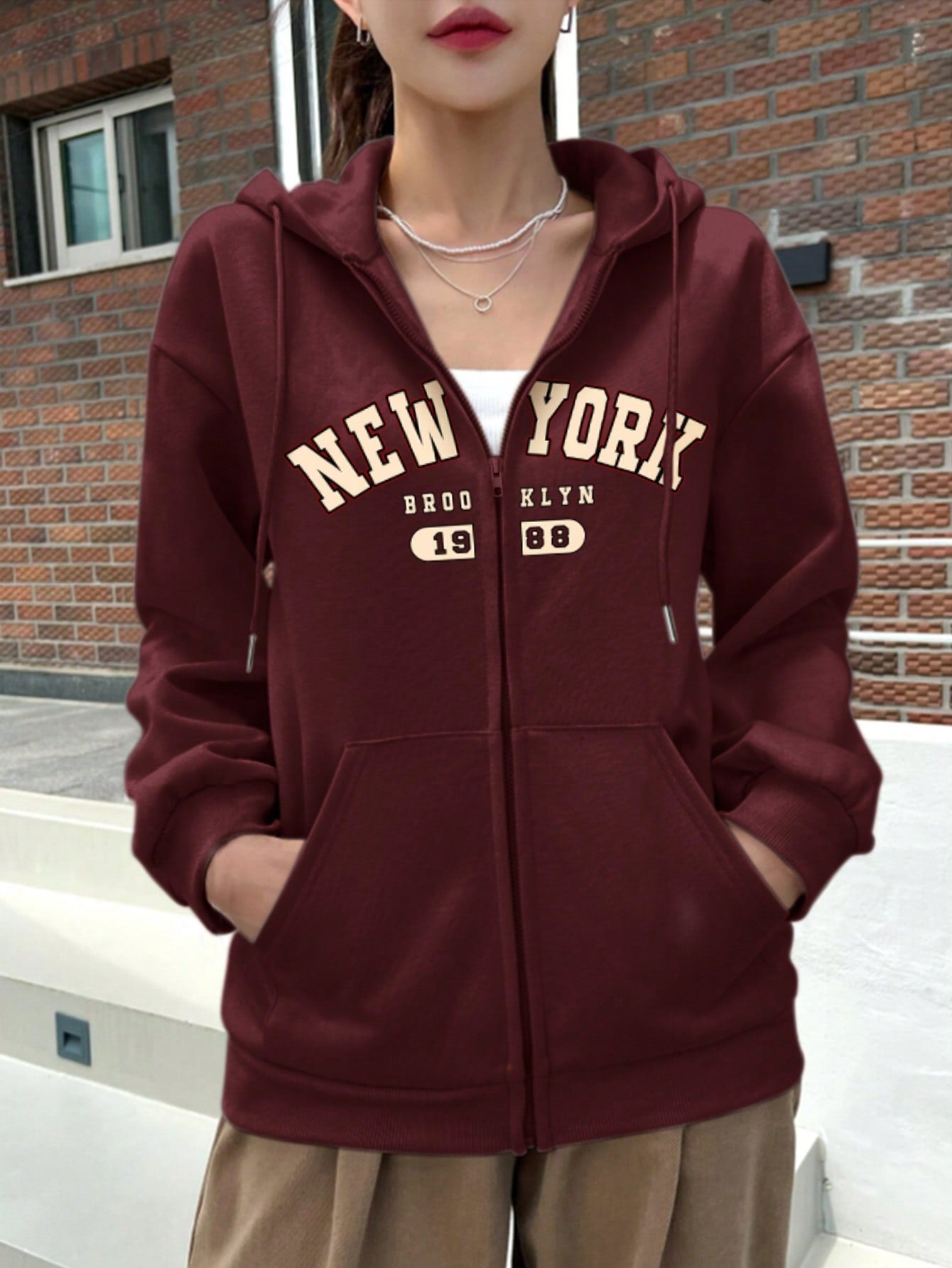 Loose Fit Letter Printed Hooded Drawstring Sweatshirt With Dropped Shoulder Design