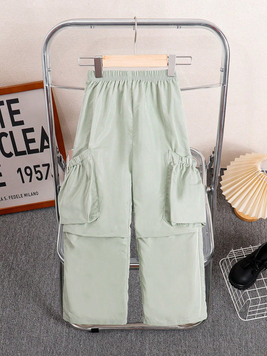 Girls' Casual Elastic Waist Wide Leg Pants With Two Side Pockets, Quick Dry, Single Piece For Spring, Summer And Autumn