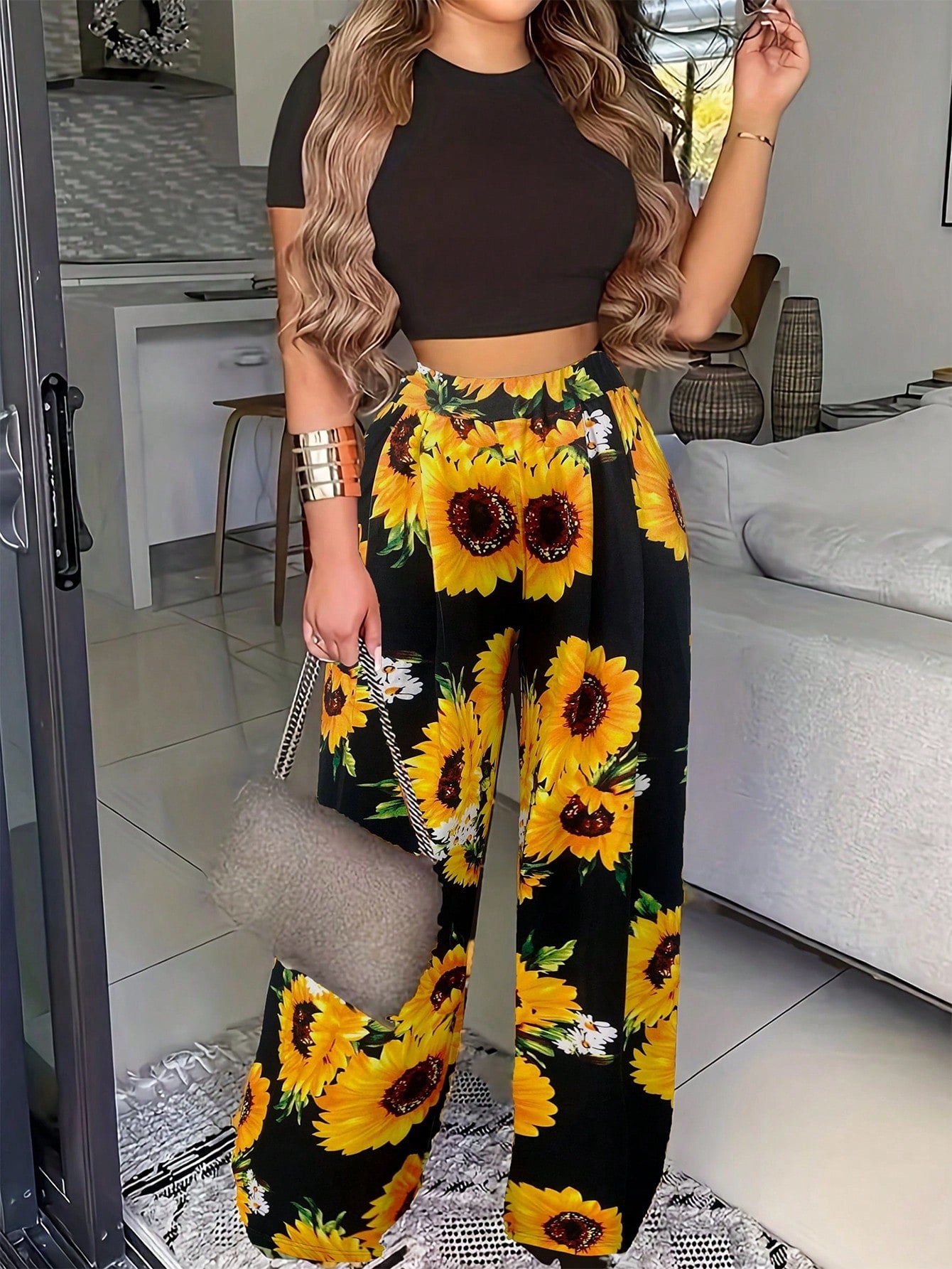 Women Flower Print Crop Top And Plant Print Long Pants Set For Spring/Summer