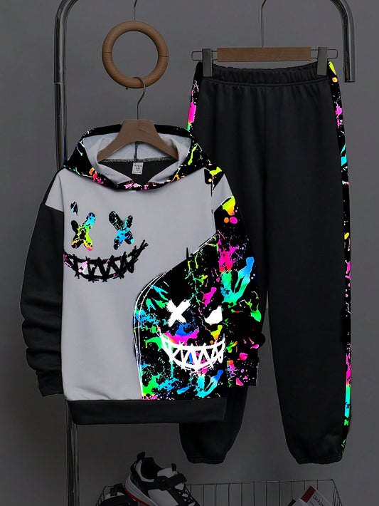 Tween Boy Glow-In-The-Dark Colorful Pattern Hoodie And Pants Set