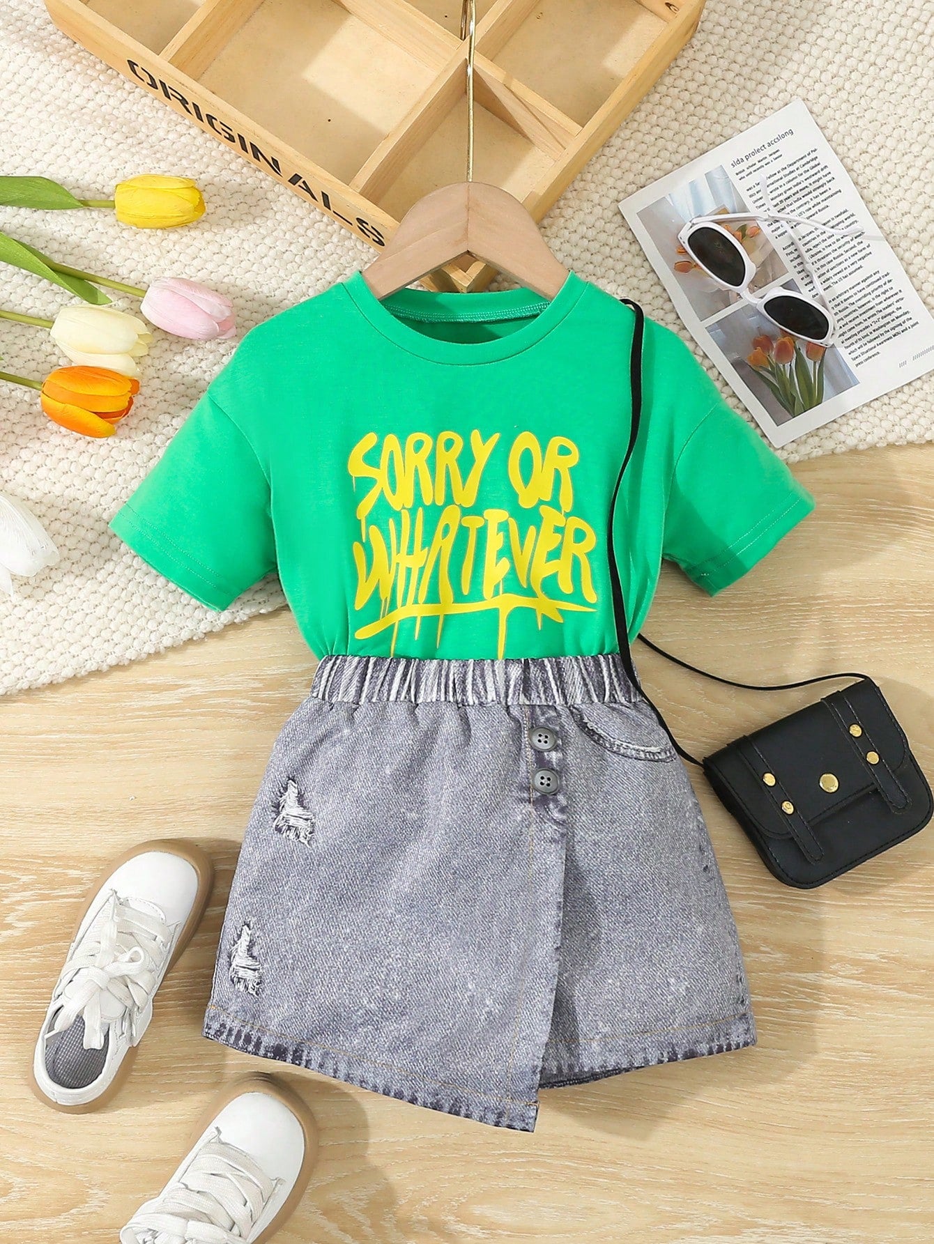 Young Girl Summer Leisure Cute Cartoon English Letter Print Short Sleeve Top And Imitation Denim Print Skort Two Piece Set