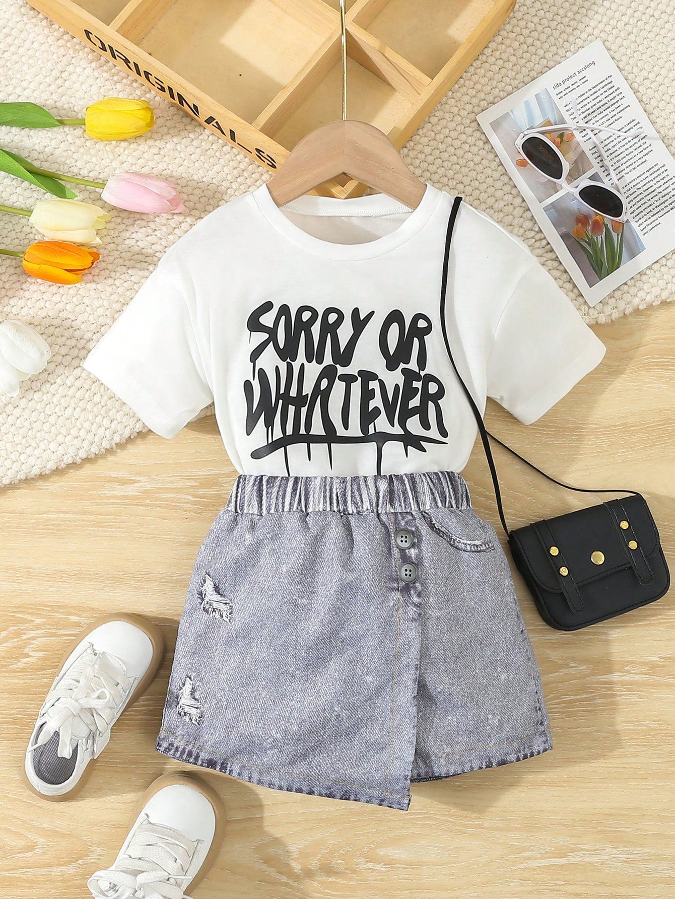 Young Girl Summer Leisure Cute Cartoon English Letter Print Short Sleeve Top And Imitation Denim Print Skort Two Piece Set