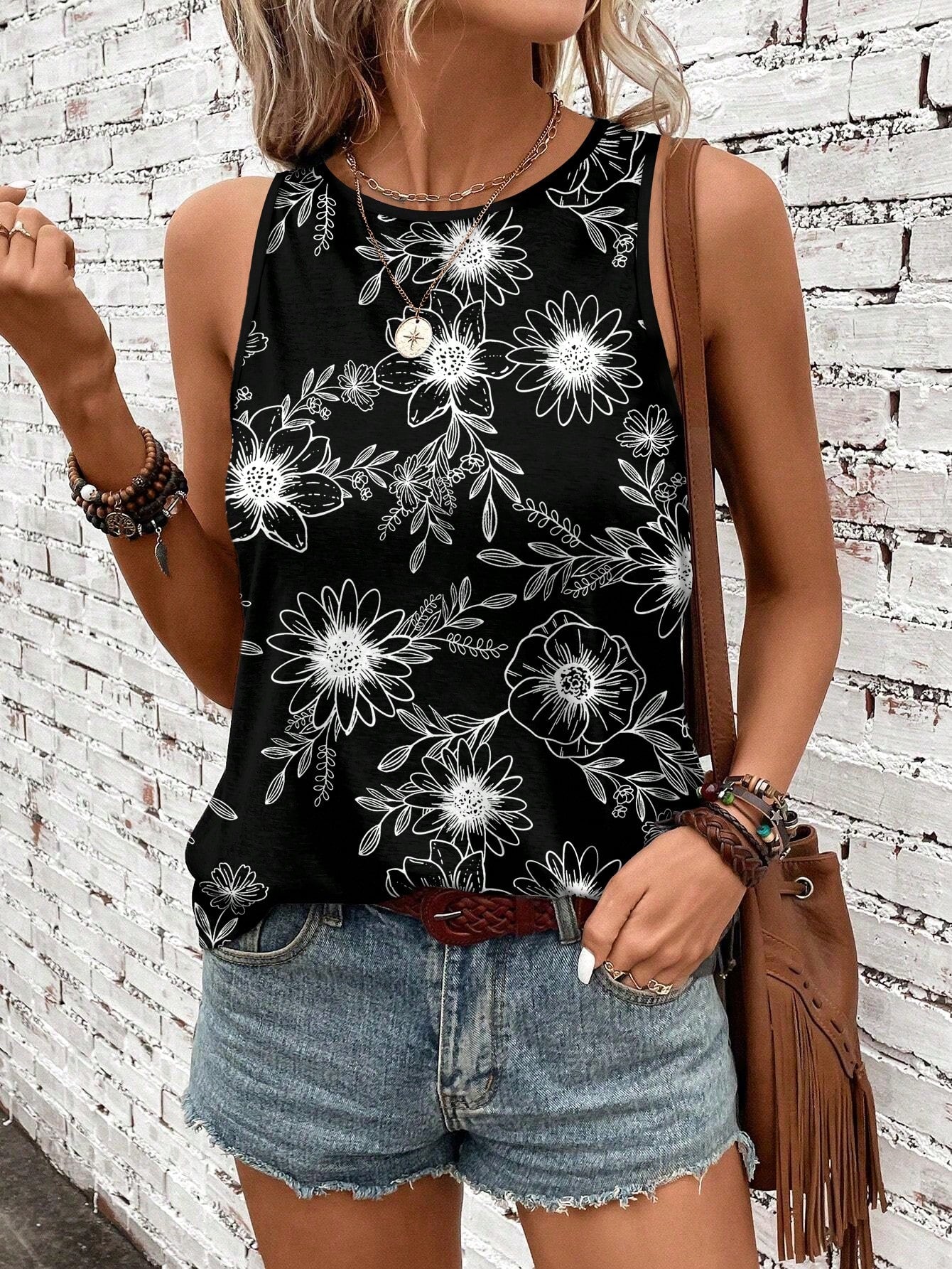 Women's Casual Floral Pattern Summer Round Neck Tank Top