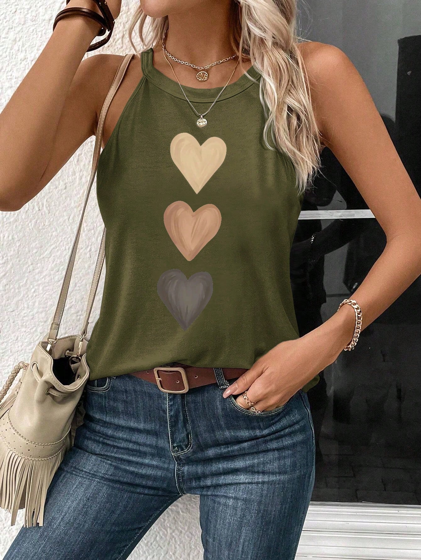 Heart Shaped Pattern Casual Sleeveless Top, Suitable For Summer, Slim Fit Women's Tank Top