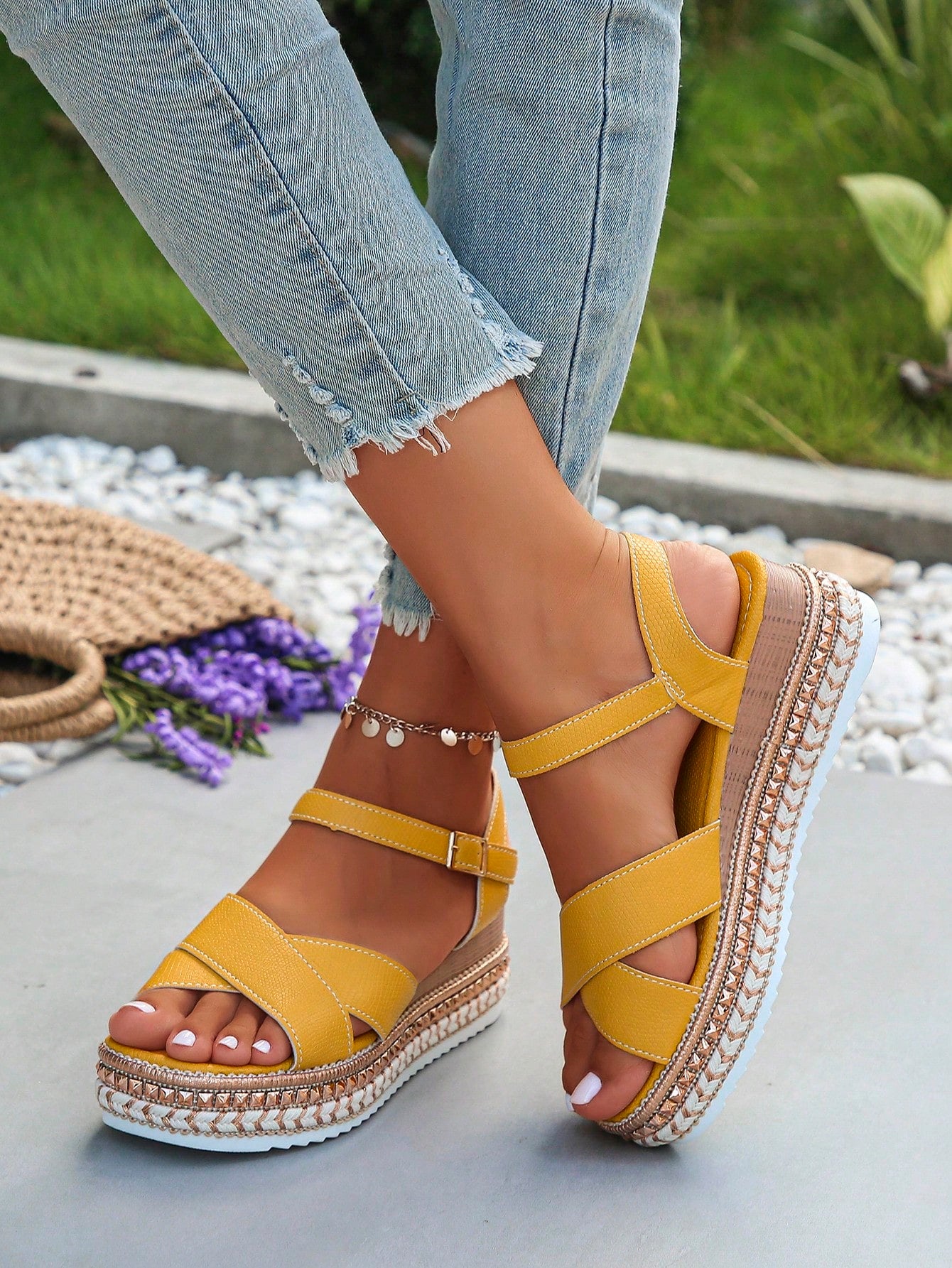 Women's Plus Size Summer Espadrille Wedge Sandals, Thick Bottom, Daily Wear, Black, Bowknot Buckle, Platform Wedge Heels