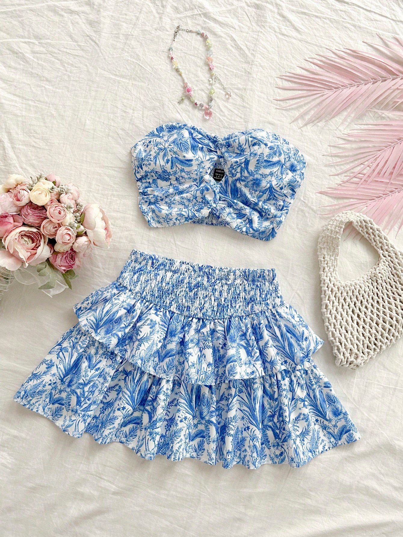 Vacation Theme: Blue And White Striped Twist-Front Bandeau Top And Tiered Skirt Set, 2pcs