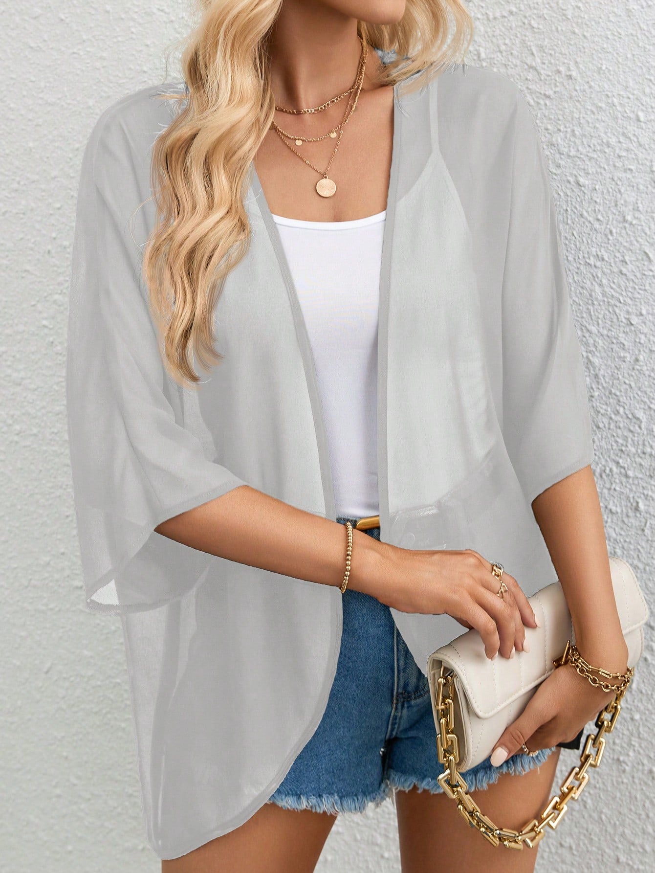 Solid Open Front Batwing Sleeve Sheer Coat